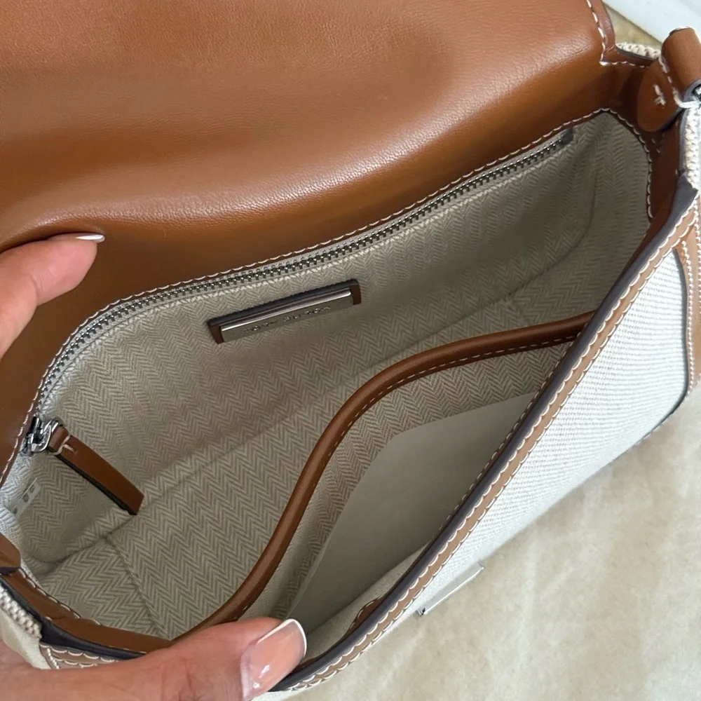 New Tory Burch Thea web flap shoulder bag/crossbody in canvas cream leather trim